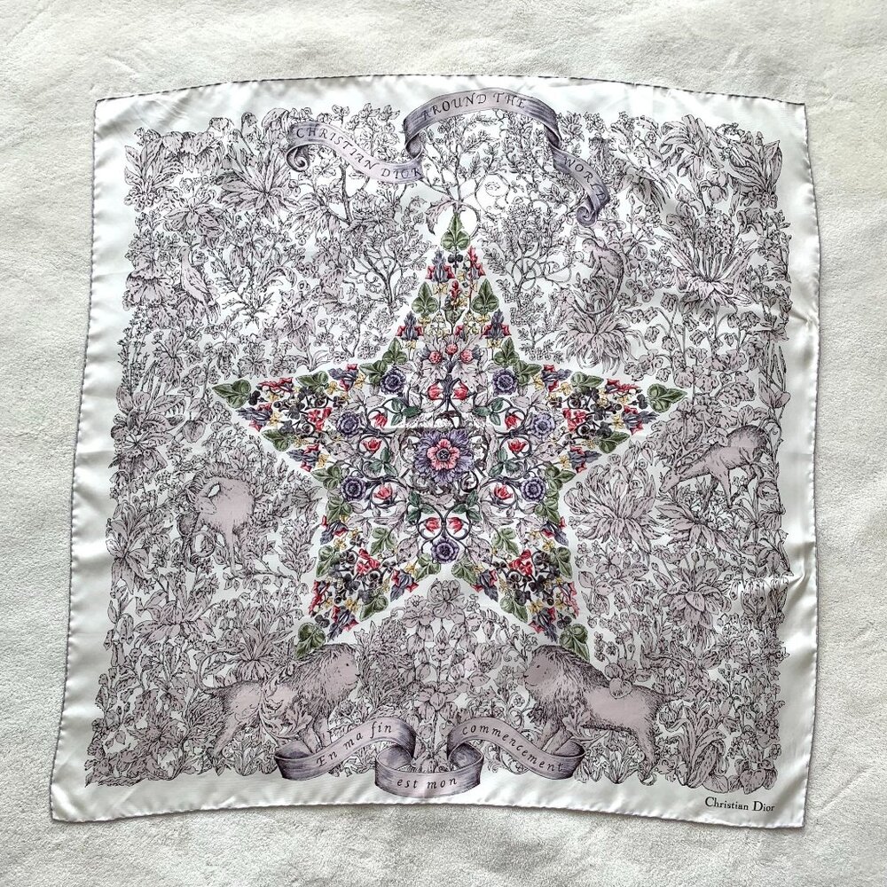 Dior White Five-Pointed Star Animal Print Silk Scarf 90x90cm Like-New Condition